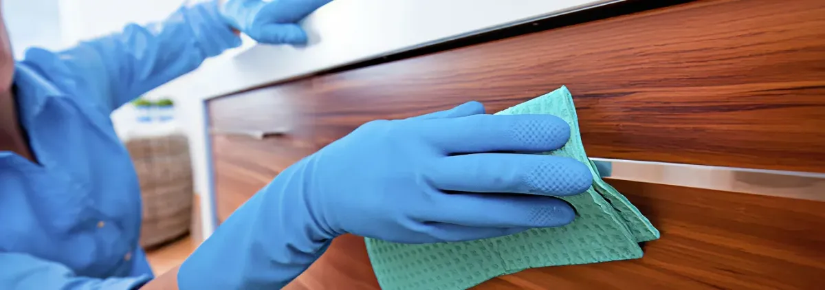 Cleaner wearing blue gloves wiping a wooden cabinet drawer with a microfiber cloth for dust and grime removal, Ann Arbor, MI.