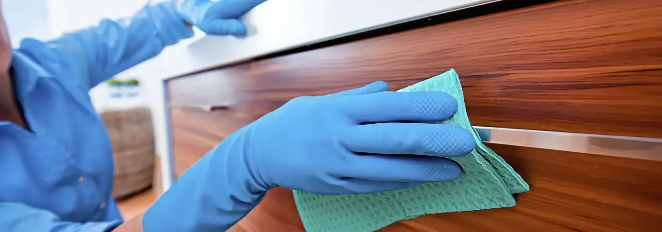Cleaner wearing blue gloves wiping a wooden cabinet drawer with a microfiber cloth for dust and grime removal, Ann Arbor, MI.