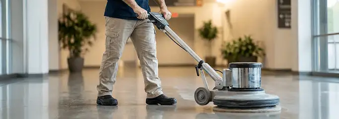 Professional technician using an industrial floor buffer to polish and maintain shiny commercial flooring in a corporate hallway in Ann Arbor, MI.