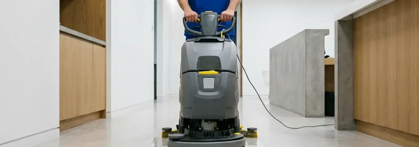 Janitorial staff using a floor scrubber machine to clean a commercial hallway, Ann Arbor, MI.