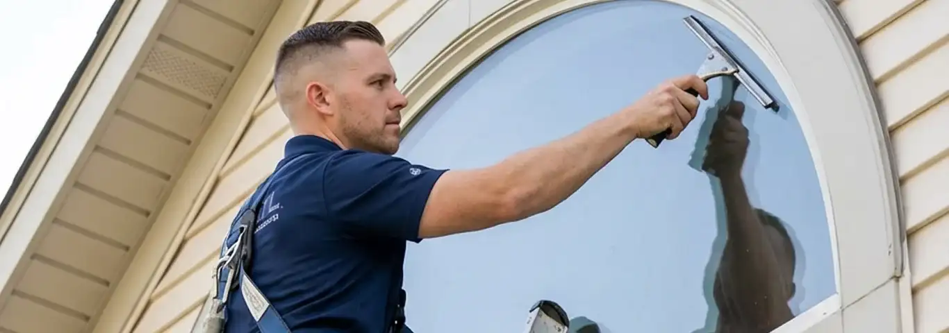 Professional window cleaner using a squeegee to clean an exterior arched window on a home, Ann Arbor, MI.