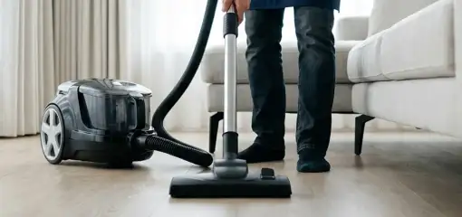 Professional house cleaner vacuuming a living room floor with a canister vacuum cleaner, Ann Arbor, MI.