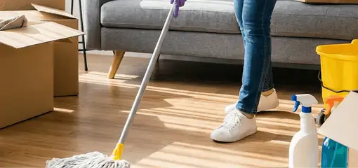 Move-out cleaning setup with a cleaner mopping hardwood floors near moving boxes and cleaning supplies, Ann Arbor, MI.
