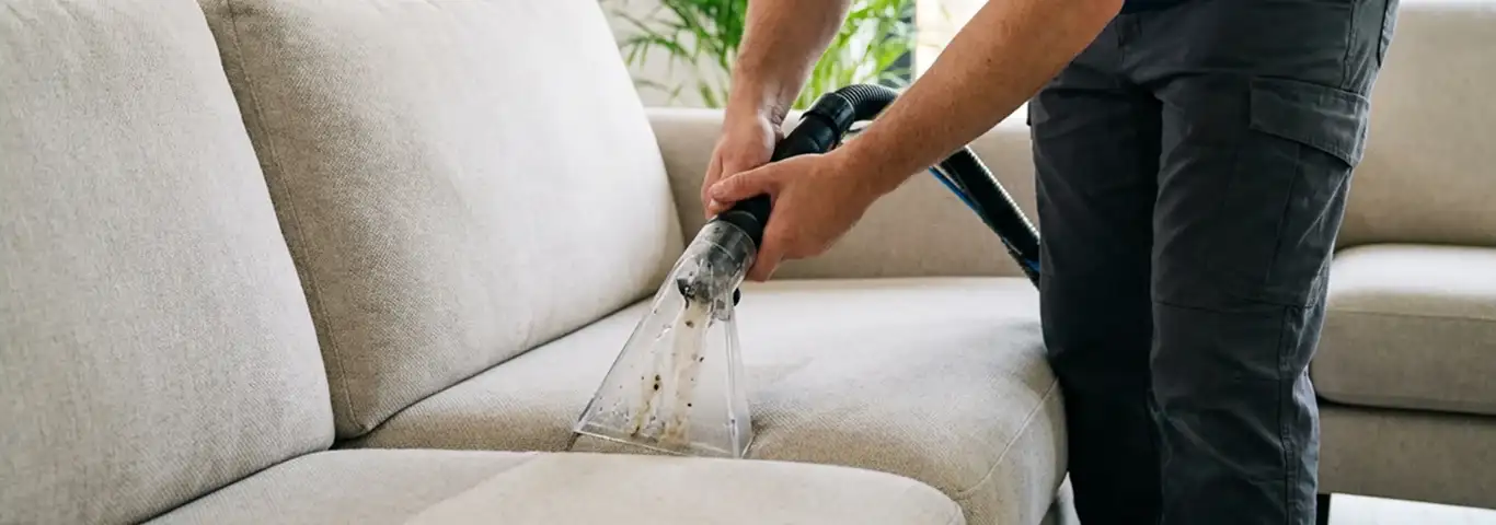 Technician extracting dirt and moisture from a fabric sofa with an upholstery cleaning wand, Ann Arbor, MI.