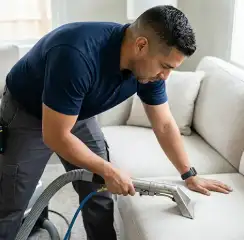Professional upholstery cleaning technician using an extraction wand to deep-clean a fabric sofa, Ann Arbor, MI.