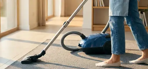 Person vacuuming a living room rug with a canister vacuum cleaner near large windows, Ann Arbor, MI.